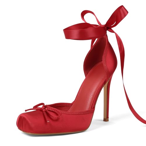 Celbreez Ballet Heels Womens Pumps Closed Toe Heels for Women Satin Ballerina Heel Bow Lace Up Red High Heel Strappy Stiletto Wedding Dress Red Pumps Cute Mary Jane Party Shoes