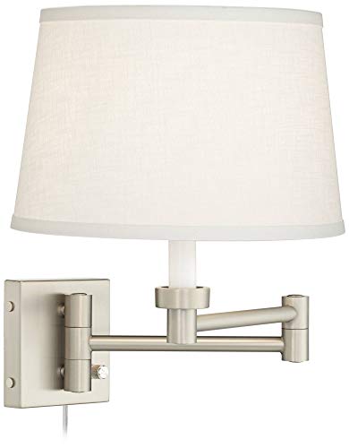 Image of Possini Euro Design Modern Swing Arm Wall Mounted Lamps Set of 2 Brushed Nickel Plug-in Light Fixture Dimmable White Linen Drum Shade for Bedroom Bedside House Reading Living Room Home Dining