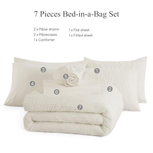 Image of AMBERSPACE King Size Comforter Set White, Tufted Boho Bedding Farmhouse Bed Set, All Season 7 Pieces Bed in a Bag with Sheets, Pillowcases & Shams