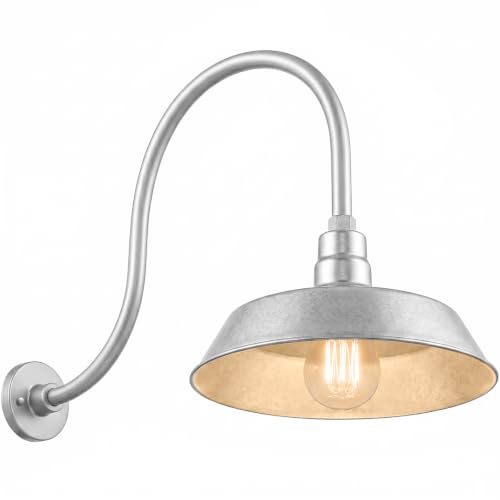 Image of 14in. Galvanized Finish Outdoor Gooseneck Barn Light Fixture With 24in. Long Extension Arm - Wall Sconce Farmhouse, Vintage, Antique Style - UL Listed - 9W 900lm A19 LED Bulb (5000K Cool White)