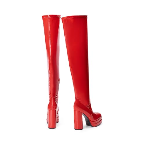 DREAM PAIRS Women's Platform Over The Knee Thigh High Boots Chunky High Heels Square Toe Long Fall Y2K Gogo Boots,Size 8.5,Red-Pat,SDOB2305W
