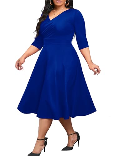 Milloud Plus Size Dresses for Curvy Women A-Line 3/4 Sleeve V Neck Womens Plus Size Dresses with Pockets Blue 4XL