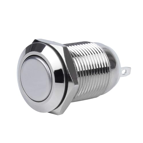 Larcele Mini Push Button Switch Waterproof Momentary Metal Automatic Return Button Switch JSANKG-01,5 Pieces (12mm, Flathead)