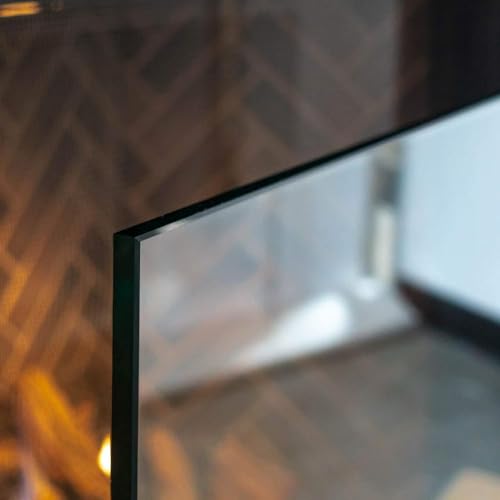 Image of AMS Fireplace | Manhattan Modern Freestanding Frameless Clear Glass Fireplace Screen with Polished Metal Stainless Steel Feet Base (Small Size: 36 inch W X 26 inch H)