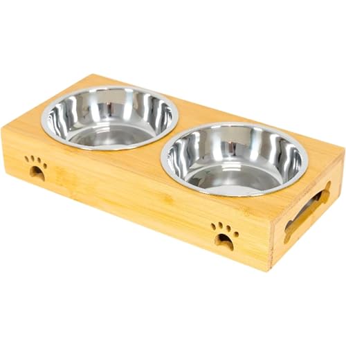 Edipets, Ciotole per Cani, Gatti, Abbeveratoio per Cani Gatti, Doppia e Tripla Rimovibile in Ceramica o Acciaio Inossidabile, Base Antiscivolo in Bambù (Acciaio Inox, Doppio)