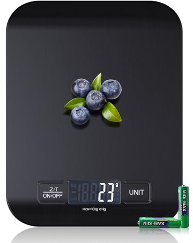 【10KG y Acero Inoxidable】Báscula de Cocina Digital, Electrónica Báscula de Alimentos con Función de Tara, (Food Scale) (Negro（15kg+2AAAs）-02)