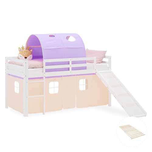 Homestyle4u Hochbett mit Rutsche Lattenrost 90x200 cm Weiß, Kinderbett aus Holz Kiefer, mit Tunnel Vorhang Beige Lila, Artikel 2958
