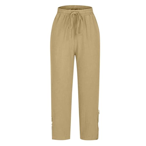 Cropped Linen Pants Women Plus Size Elastic High Waisted Wide Leg Pants Casual Summer Lace Loose Trousers with Pockets4