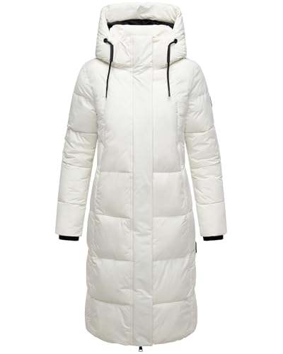 MARIKOO Damen Langer Wintermantel warmer Steppmantel mit abnehmbarer Kapuze und magnetischen Details Chumanii XVI Off White Gr. M
