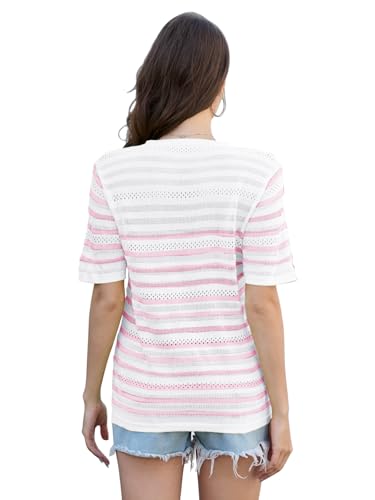 ANCAPELION Women's Short Sleeve Sweater Top Striped Knit Crew Neck Pullover for Summer Trendy Shirts2