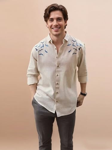 Image of ROOM19 Men Cotton Blend Embroidered Shirt | Short Sleeve Button Front Shirt for Men | Regular Fit Collared Shirts with Embroidery