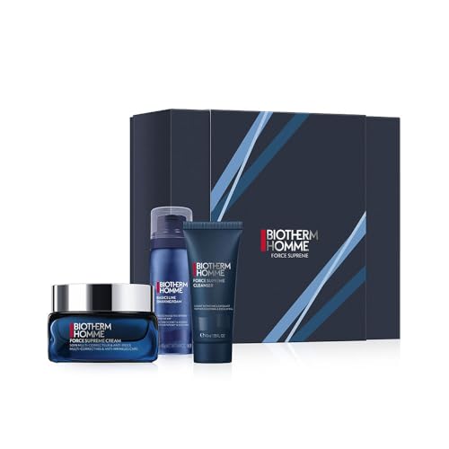 BIOTHERM Homme – Estuche para hombre de fuerza suprema – Crema hidratante facial 50 ml + espuma de afeitar 40 ml + cuidado limpiador 40 ml – Cuidado facial hombre antiedad – Piel madura
