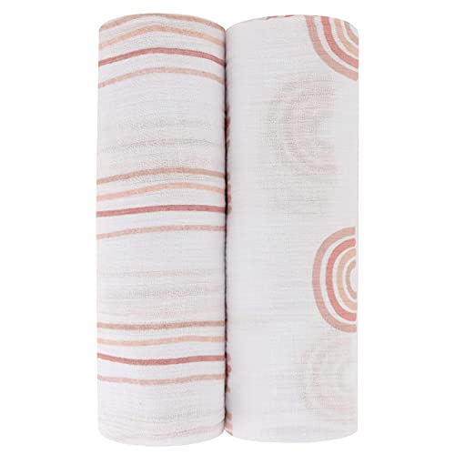Image of Ely's & Co. Cotton Muslin Swaddle Blanket 2-Pack for Baby Girl — 100% Cotton Muslin Extra-Large Swaddle Blankets (47” x 47”) Dusty Rose Stripes | Rainbows