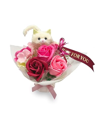 [ 遅れてごめんね 2024年 母の日ギフト クリアバッグ付き ] ソープフラワー 母の日 マスコット ネコ レッド 母の日のプレゼント 花 ピンク バラ 花束 ブーケ インテリア 造花 高さ約19㎝ 幅約19㎝ (ソープブーケふわねこR(HZD-9401C))のサムネイル