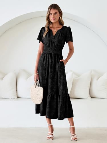Image of Simplee Womens Summer Boho Maxi Dress Semi Formal Wedding Guest Short Sleeve V Neck Empire Waist Floral Long Dresses