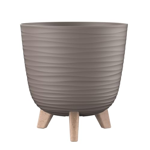 Engelland - 1 x Blumentopf mit Füßen & Bewässerungssystem, Braun, Ø 24 cm, Pflanzkübel, Übertopf, Wellenmuster, Innen- & Außenbereich, Drainagesystem & Wasserspeicher, rund, Kunststoff
