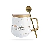Classic Ceramic Kintsugi Style White Coffee Tea Mug with Gold Inlay, Spoon and Bamboo Lid- 12 OZ,...