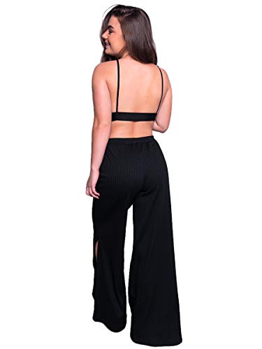 Calça Pantalona 4 Estações Feminino Canelado Cintura Alta Moda (PRETO, G)