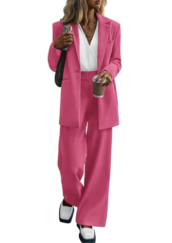 PRETTYGARDEN Women's Fall Two Piece Outfits Dressy Blazer Jacket and Wide Leg Pants Pockets Business Casual Office Suit Sets (Rose Red,Large)