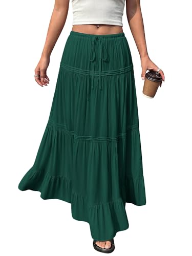 BTFBM Spring Skirts for Women 2026 Summer Boho Beach Vacation Clothes Casual Pleated High Waisted Flowy Maxi Skirt(Green, Large)