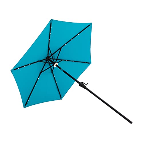 FLAME&SHADE 7.5 ft Solar LED Light Outdoor Umbrella Patio Table and Market Umbrella with Push Button Tilt, Aqua Blue