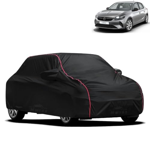 Image of Waterproof Car Cover for Opel Corsa | All-Weather Protection, Dustproof & UV Resistant | Triple Stitched Mirror Pockets, Windproof Buckle Strap with Elastic Hem, Black-Red Piping