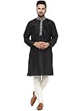 SKAVIJ Men's Tunic Art Silk Kurta Pajama Wedding Party Suit Dress Set (Medium, Black)
