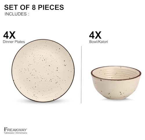 Image of Freakway Handcrafted White Ceramic Stoneware Dinner Set of 8 Pieces with Serving Bowls | 4 Dinner Plates & 4 Bowl /katori | Bone Ash Free | Microwave and Dishwasher Safe - Off White