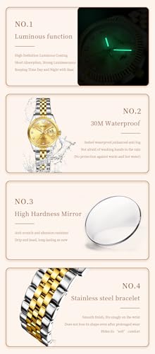 Image of OLEVS Gold Watches for Women Original Luxury Small Square Diamond Wrist Watch Analog Quartz Stainless Steel Waterproof Stylish Ladies Watch Date