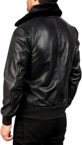 Mens Fur Collar Leather Jacket - Aviator Bomber Leather Jacket - Winter Bomber Black Lambskin Leather Jacket4