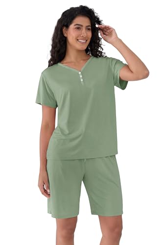 Image of Joyaria Cooling Pajamas Bamboo Viscose PJs Bermuda Shorts Set Women Henley Neck Summer Moisture Wicking Sleepwear