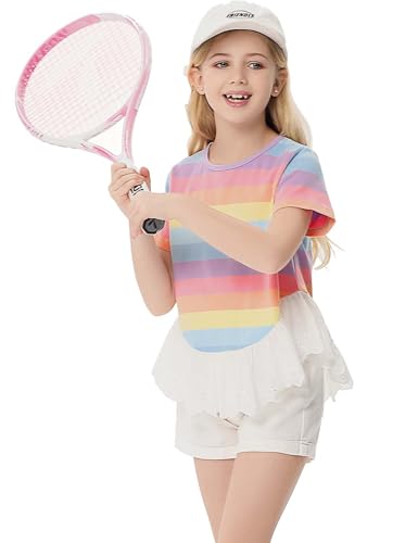 Girls 2024 Summer Short Sleeve Tops Crewneck Color Block Striped T-Shirts Ruffle Tunic Tees Blouses3