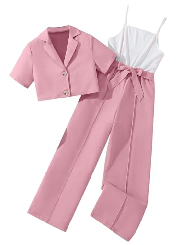 Hilinker Girl's 2 Piece Outfits Short Sleeve Blazer Belted Wide