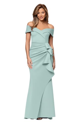 Image of Xscape Women's Long Off-the-Shoulder Sweetheart Neckline Formal Evening Gown with Ruching and Draped Ruffle Detail, Sage, 4