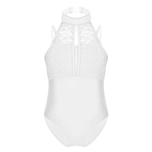 YiZYiF Girls' Fashionable Floral Lace Back Sport Tank Top Leotard Gymnastics Dance Costume (5-6, Turtle Neck White)