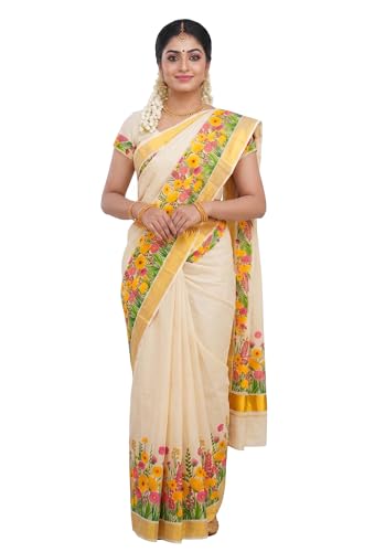 Image of Women's Mural Printed Kerala Gold Tissue Saree with Running Blouse Piece | Traditional South Indian Ethnic Saree for Festivals, Weddings & Special Occasions
