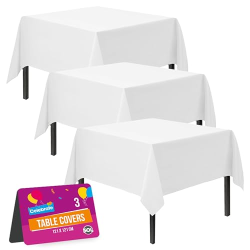 SOL 3pk White Table Cloth Party 121x121cm Plastic Cover Tablecloth Disposable for Parties - Heavy Duty Spill Protection - Opaque Design for Weddings, Buffets, Catering, Gender Reveals & Events