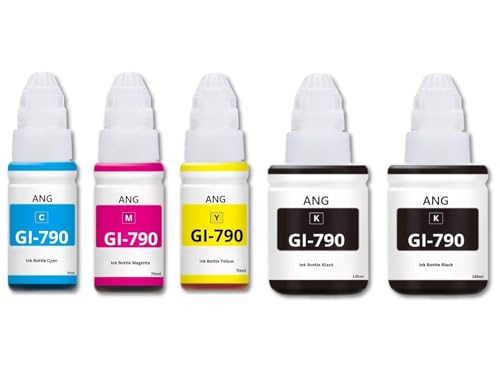 Image of ANG GI790 Premium Refill Ink Bottle Set | Compatible with G1000 G1010 G2000 G2010 G3000 G3010 G4010 Printers | 2 Black + Cyan Magenta Yellow | Black 135ml & Color 70ml Each | Compatible for G1000, G1010, G1100, G2000, G2010, G2100, G3000, G3010, G3100, G4010, C /Y /M + 2 Black