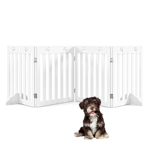 SOARS Cancelletto per Cani Pieghevoli 204 x 60 cm, Barriera per Cani in Legno a 4 Pannelli con Piedini Stabili, Recinzione per Scale, Ingressi e Corridoi (Bianco)