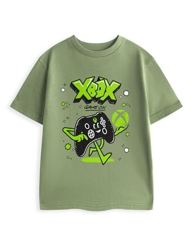 Xbox Game Controller Boys Sage Green Graphic Tee | Short Sleeve T-Shirt with Game On Print | Neon Yellow & Black Cartoon Top | Kids Gaming Merch Merch - 11-12 Years