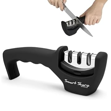 Lantana Smart Sharp Knife Sharpener - Professional 3 Stage Manual Sharpener for Sharpening Kitchen Knives - Ceramic Stone, Tungsten Carbide Plates, Diamond rods. Ergonomic Design, Black/Chrome Finish