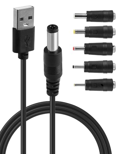 1M Universel Convertisseur Câble USB DC 5V vers 5.5 x 2.1mm, 2,0 A DC USB Cable d'alimentation Barrel Jack Adaptateur Cordon d'alimentation avec 5 Connecteurs pour...