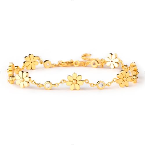 STORYJEWELLERY Daisy Bracelet, 18K Gold Plated Charm Bracelet for Women, Cute Flower Bracelets, Dainty Daisy Jewelry for Women, Gifts for Her