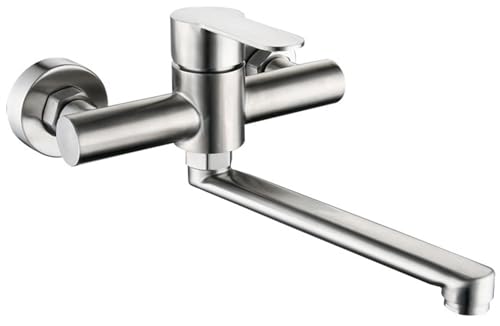 Rubinetto per Cucina a Muro, Miscelatore Caldo e Freddo Girevole a 360°, Rubinetto Lavello Con Braccio Girevole Lungo 25 cm, Miscelatore Monocomando per Cucina, Bagno, Lavello