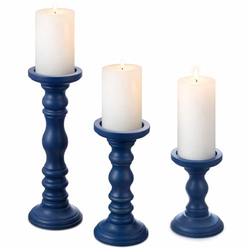 Ferrochef Set of 3 Navy Blue Candle Holders Rustic Farmhouse