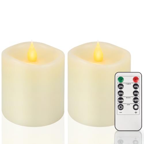 Image of 3x3 Flickering Flameless Candles Set of 2,3 inch Real Wax LED 600 Hours Battery Candles with Timer Remote,Control for Wedding Party Indoor,Ivory
