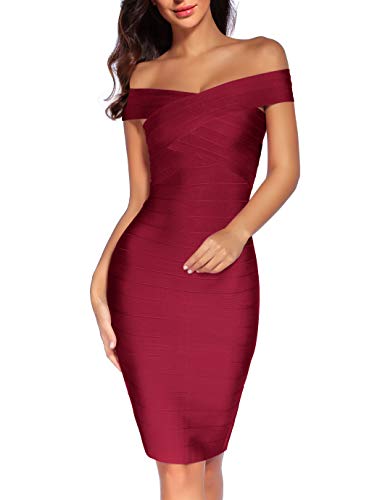 Madam Uniq Women's Bandage Dress Off The Shoulder Bodycon Dresses Club (XL, Burgundy)