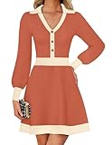 ZESICA Women's Spring Long Sleeve V Neck Sweater Dress Collar Ribbed Knit Mini Dresses,Coral,Medium