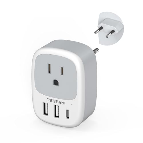 TESSAN European Travel Plug Adapter, Europe Power Adaptor 3 USB Ports (1 USB C), International Type C Outlet Charger to Most of EU Iceland Spain Italy France Germany (Not Voltage Converter)