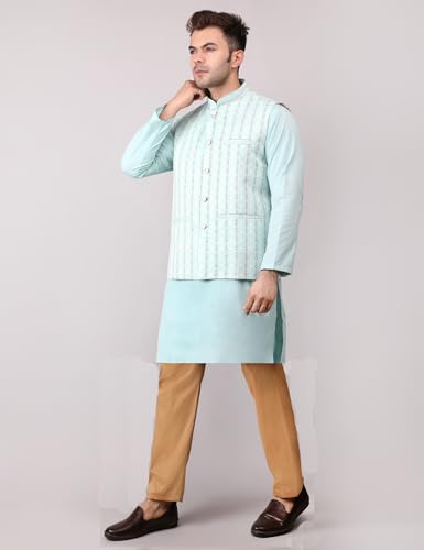 Image of Men's Cotton Silk Blend Regular Kurta Pyjama, Embroidered Nehru Jacket /Waistcoat Set